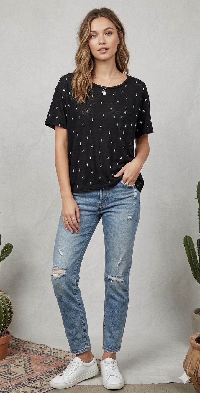 RAILS Billie Cactus Linen Blend Print Top Black White Pocket Desert Boho Size M